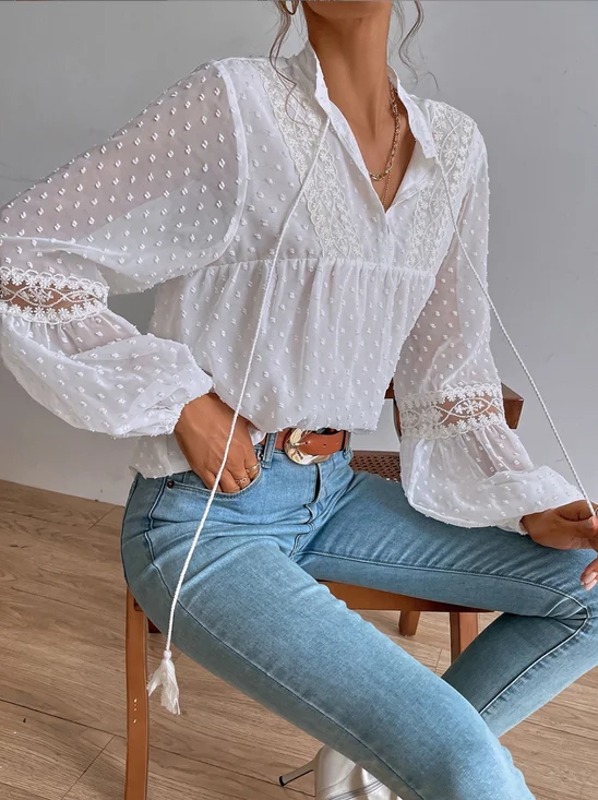 White Elegant Stand Collar Ruffle Tie Lace Casual Blouse
