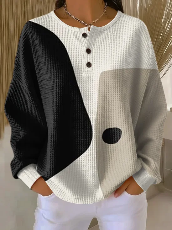 Women's Abstract Print Button-Up Casual Waffle Knit Sweatshirt