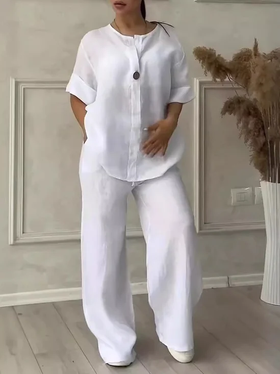 Casual Plain Crew Neck Two-Piece Set