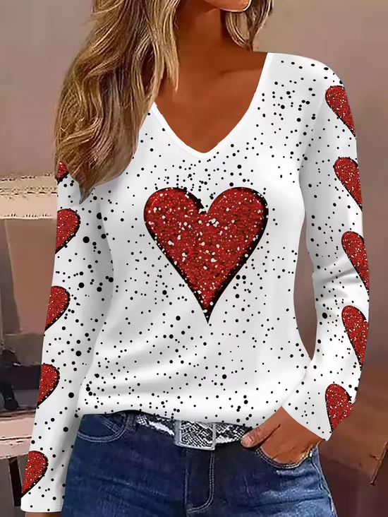 Women's Long Sleeve T-shirt Spring/Fall White Heart/Cordate Printing Jersey V Neck Daily Going Out Casual Top