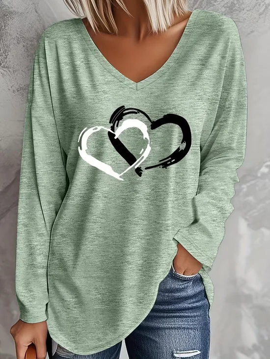 Women's Long Sleeve T-shirt Spring/Fall Green Heart/Cordate Printing Jersey V Neck Daily Going Out Casual Top