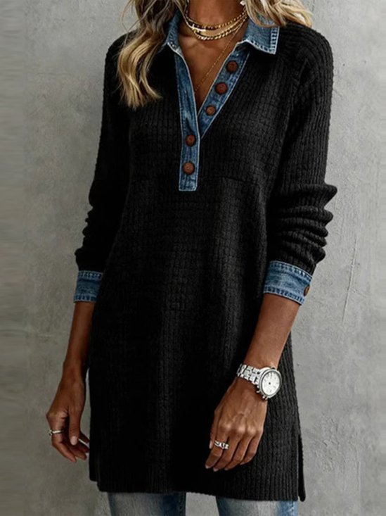 Denim Color Block Long Sleeve Shawl Collar Casual Dress
