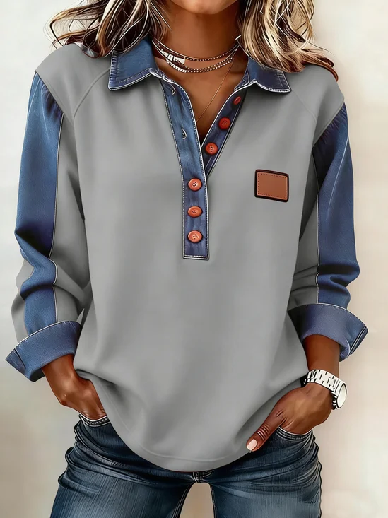 Denim Color Block Polo Shirt Long Sleeve Plain Casual Blouse