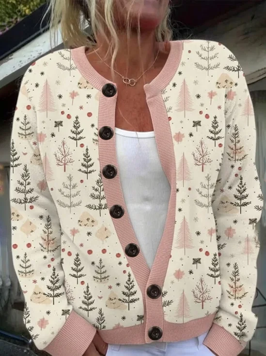 Printing Vintage Regular Fit Christmas Tree Cardigan