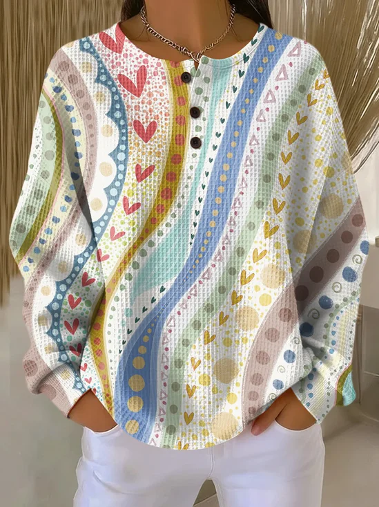 Women's Love Print Button-Up Casual Waffle Knit Sweatshirt