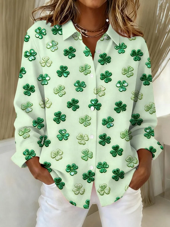 Women's St. Patrick's Day Long Sleeve Shirt Spring/Fall Green Shamrock Buckle Shirt Collar Regular Sleeve Daily Going Out Casual Top
