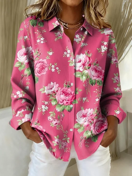 Women's Long Sleeve Shirt Spring/Fall Pink Floral Buckle Shirt Collar Regular Sleeve Daily Going Out Casual Top