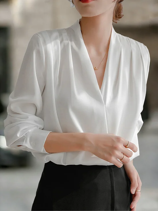 Satin Plain Long Sleeve V Neck Elegant Satin Going Out Shirt