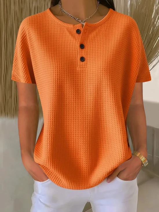 Women's Waffle Knit Henley T-shirt - Casual Short Sleeve Textured Shirt