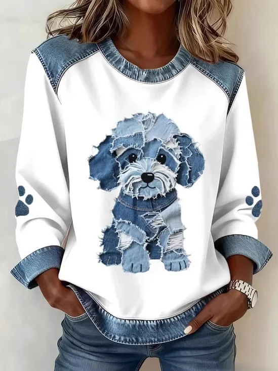 Denim Color Block Animal  Crew Neck Long Sleeve Going Out Casual Sweatshirt
