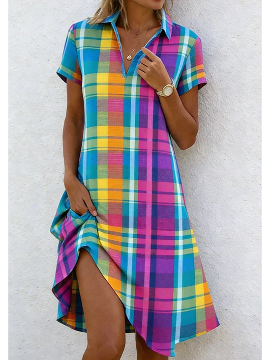 Loose Casual Plaid Shawl Collar Shirt Dress With No