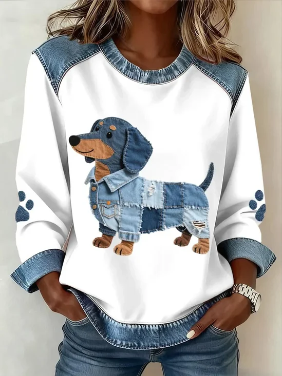 Denim Color Block Animal  Crew Neck Long Sleeve Going Out Casual Sweatshirt