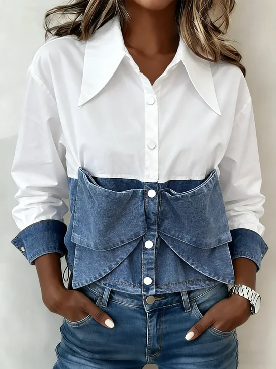 Casual Loose Denim Contrast Stitching Shirt