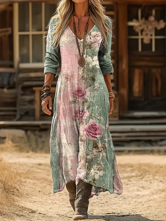 Women's Long Sleeve Spring/Fall Green Floral Printing V Neck Daily Going Out Vintage Maxi H-Line Dress