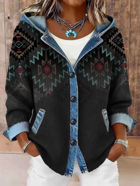 Chevron Color Block Denim Casual Loose Long Sleeve Button Cardigan with hooded Going Out Casual Hoodie