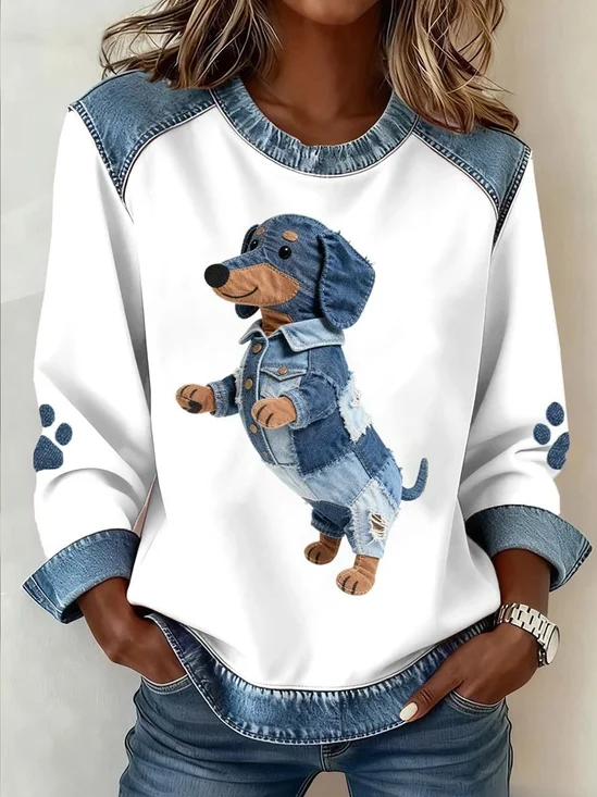 Denim Color Block Animal  Crew Neck Long Sleeve Going Out Casual Sweatshirt