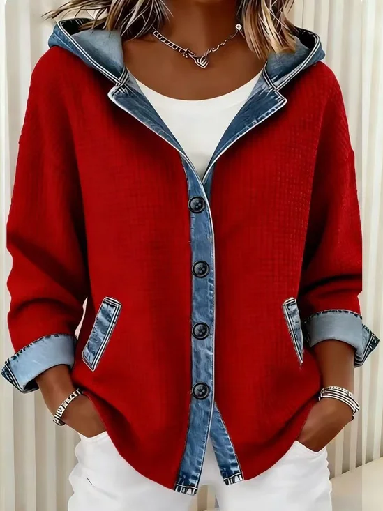 Plain Color Block Denim Casual Loose Long Sleeve Button Cardigan with hooded Going Out Casual Hoodie