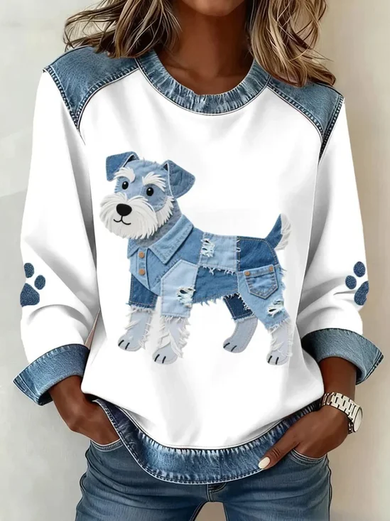 Denim Color Block Animal  Crew Neck Long Sleeve Going Out Casual Sweatshirt
