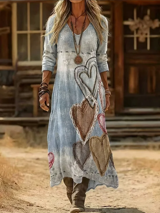 Women's Long Sleeve Spring/Fall Blue Heart/Cordate Printing V Neck Daily Going Out Vintage Maxi H-Line Dress