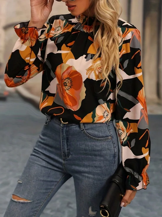 Women's Long Sleeve Shirt Spring/Fall flower Floral Split Joint Mock Neck Daily Going Out Casual Top