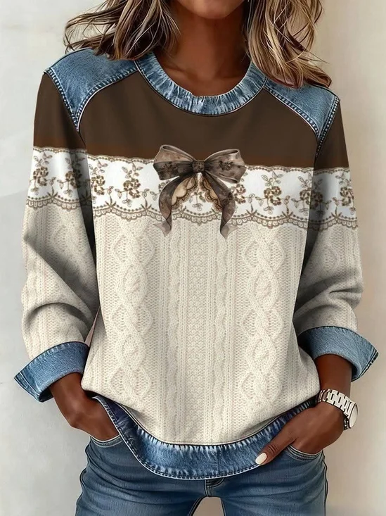 Women's Print Print Patchwork Denim Crewneck Long-Sleeved Sweatshirt