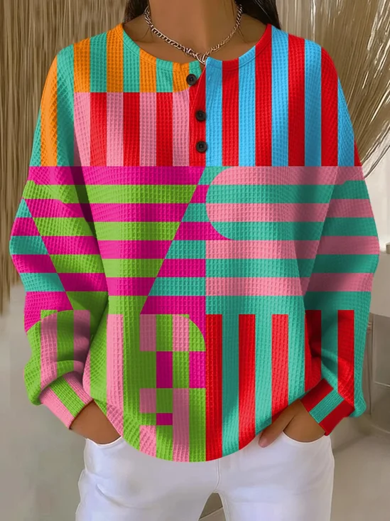 Women's Abstract Print Button-Up Casual Waffle Knit Sweatshirt