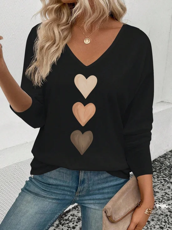 Heart Print Valentine's Day Long Sleeve V Neck Heart/Cordate Elegant Going Out Casual T-Shirt
