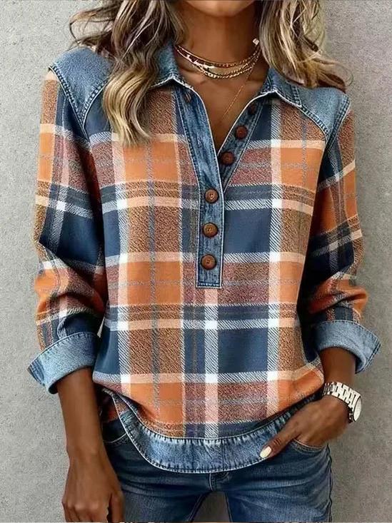 Plaid Color Block Denim Long Sleeve Shawl Collar Casual Loose Sweatshirt