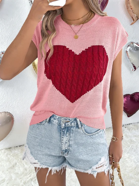 Knitted Heart Print Casual Regular Fit Batwing sleeve Crew Neck Valentine's Day Going Out Knit Top