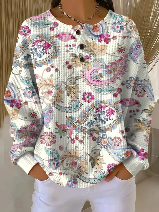 Women's Flowers Print Button-Up Casual Waffle Knit Sweatshirt