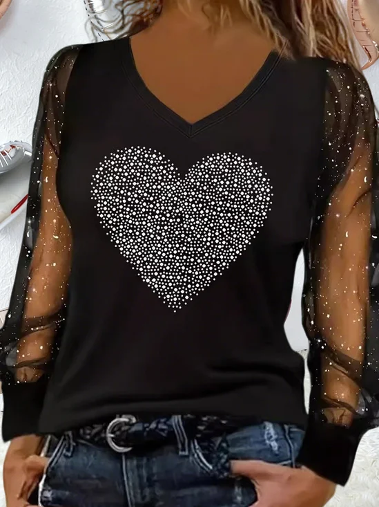 Party Heart/Cordate Diamond-encrusted Top Valentine's Day Long Sleeve V Neck T-Shirt