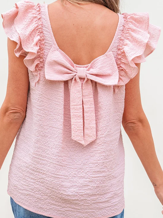 Plain Vacation Regular Fit Crew Neck Elegant Ruffle Bow Tie Valentine's Day  Going Out Casual Top