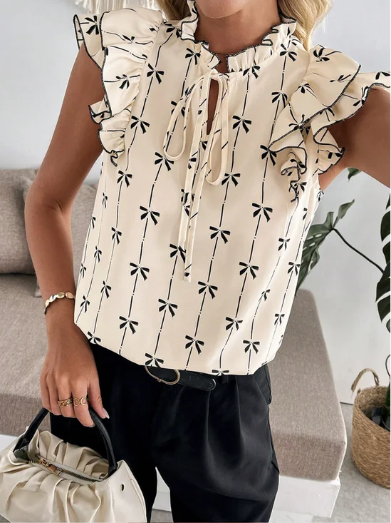 Elegant Bow Print  Ruffle Drawstring Regular Fit 3D Printing Crew Neck Going Out Casual  Blouse