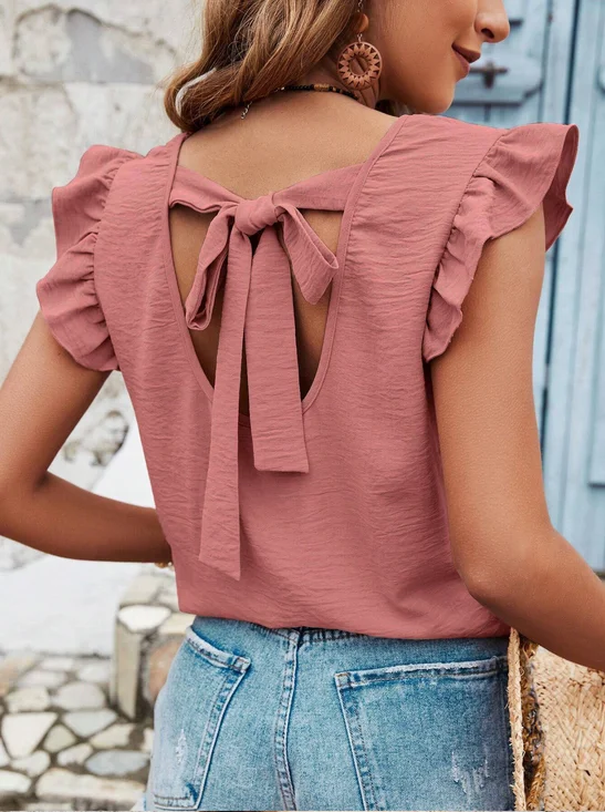 Plain Vacation Regular Fit Crew Neck Elegant Ruffle Bow Tie Casual Top