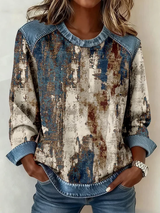 Women's Abstract Print Print Patchwork Denim Crewneck Long-Sleeved Sweatshirt