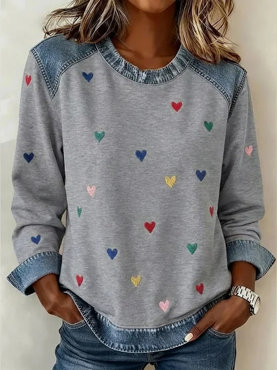 Women's Love Print Print Patchwork Denim Crewneck Long-Sleeved Sweatshirt