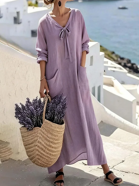 Casual Plain Lace-up V Neck Maxi Dress
