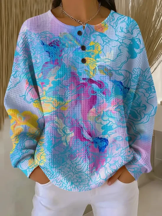 Women's Abstract Print Button-Up Casual Waffle Knit Sweatshirt