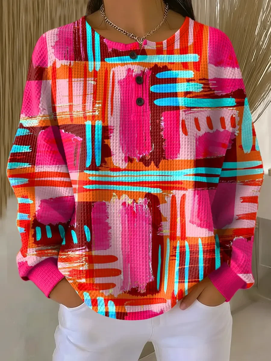 Women's Abstract Print Button-Up Casual Waffle Knit Sweatshirt
