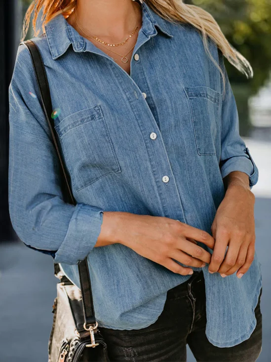 Women's Long Sleeve Shirt Spring/Fall Lake Blue Plain Split Joint Polo Collar Daily Going Out Casual Top