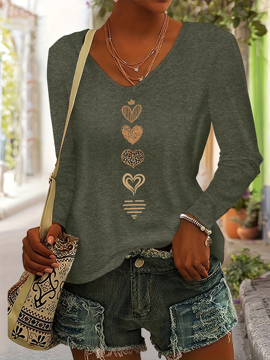 Women's Long Sleeve T-shirt Spring/Fall Army Green Heart/Cordate Printing Jersey V Neck Daily Going Out Casual Top