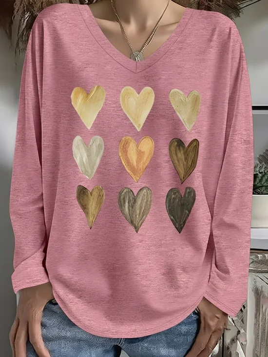 Women's Long Sleeve T-shirt Spring/Fall Pink Heart/Cordate Printing Jersey V Neck Daily Going Out Casual Top