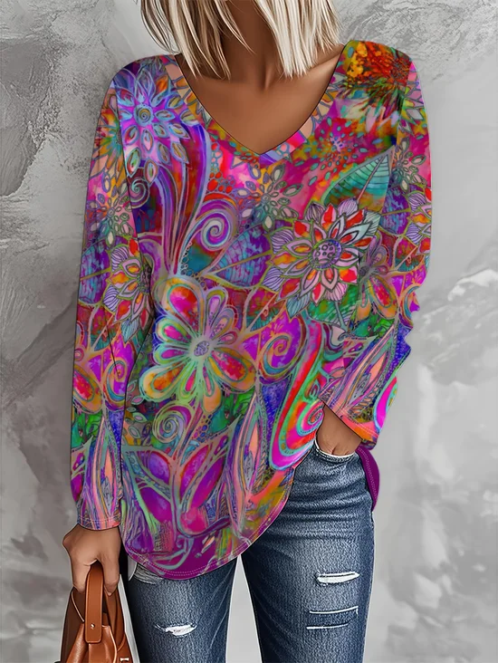 Women's Long Sleeve T-shirt Spring/Fall Purple Abstract Printing Jersey V Neck Daily Going Out Casual Top