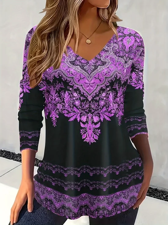 Women's Long Sleeve T-shirt Spring/Fall Purple Ethnic Printing Jersey V Neck Daily Going Out Casual Top