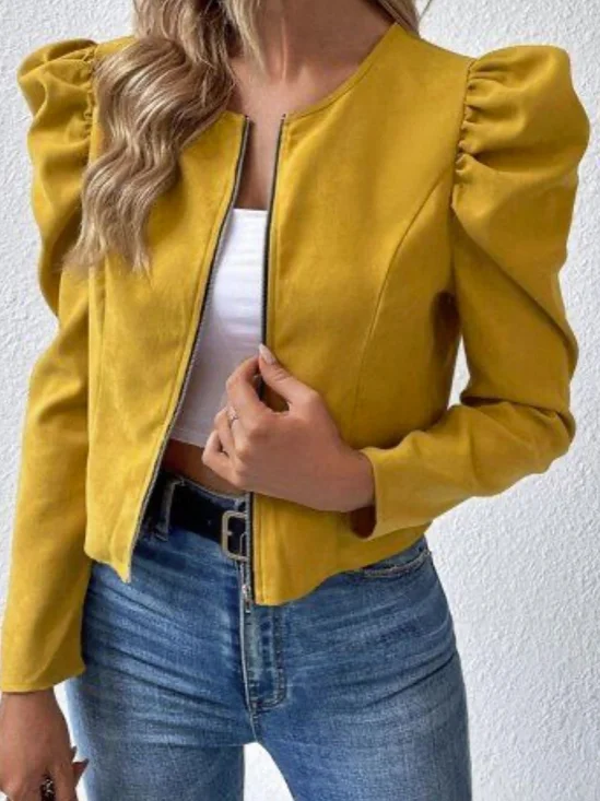 Plain Puff Sleeve Crew Neck Simple Zipper Jacket