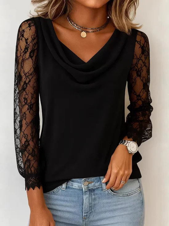 Plain Long Sleeve Cowl Neck Party Lace Block T-Shirt Elegant Blouse