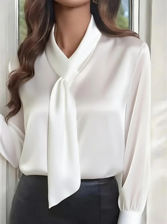 Satin  Plain V Neck Long Sleeve Elegant Shirt