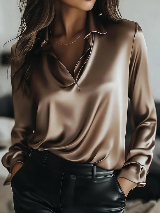Satin Plain Long Sleeve V-Neck  Elegant Regular Fit Casual Shirt