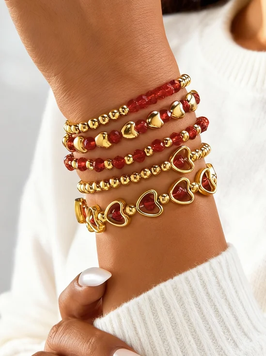 Multilayer Red Bead And Heart Charm Bracelet Valentine's Day Pearl And Cherry Stacking Bracelet Set Fashionable And Versatile 5-piece Bracelet Set