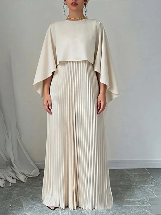 Plain Crew Neck batwing sleeve Pleated Elegant Maxi Dress